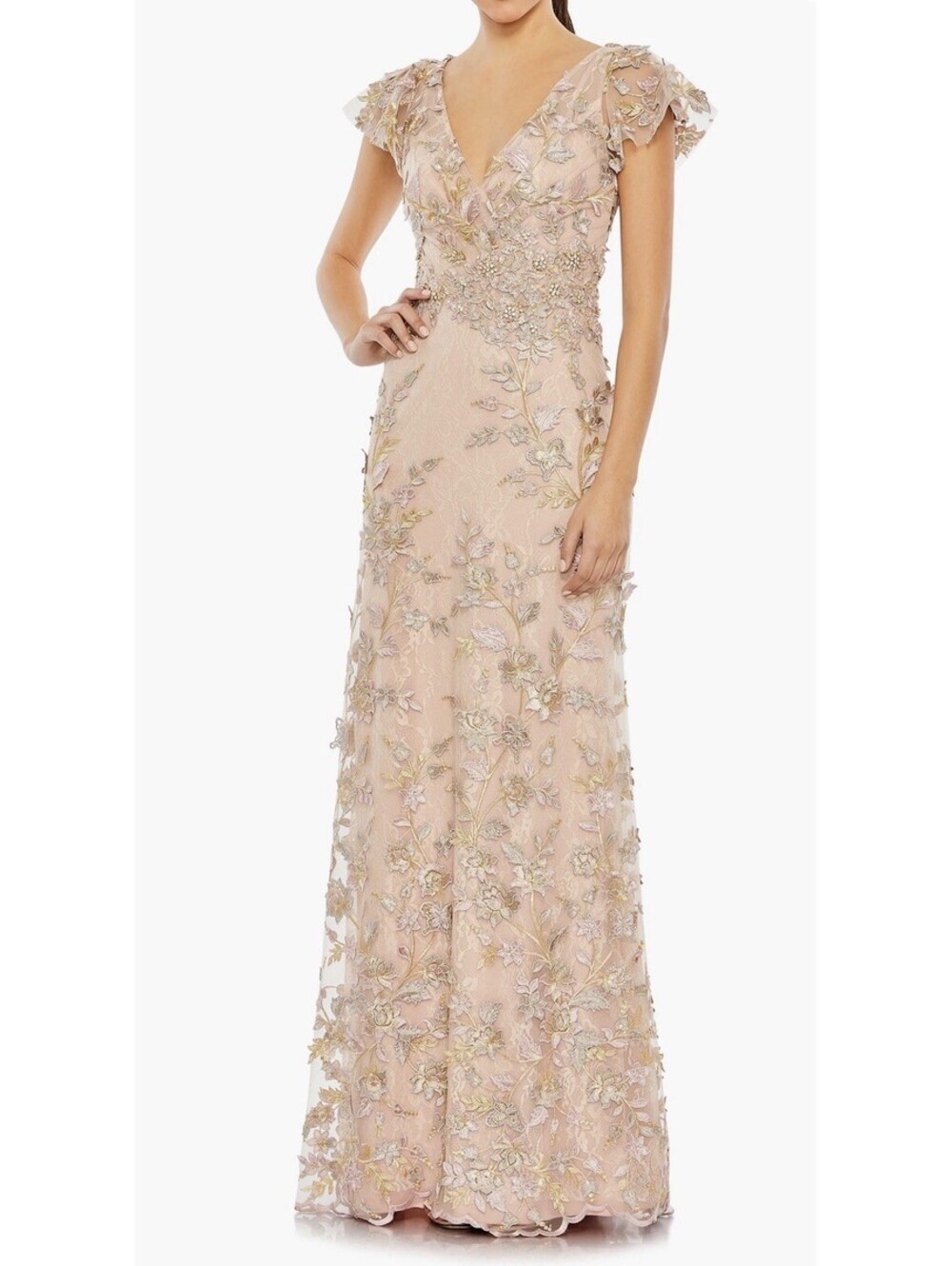 New Mac Duggal Embroidered Applique Wrap Over Flutter Sleeve Gown Size 14 $698